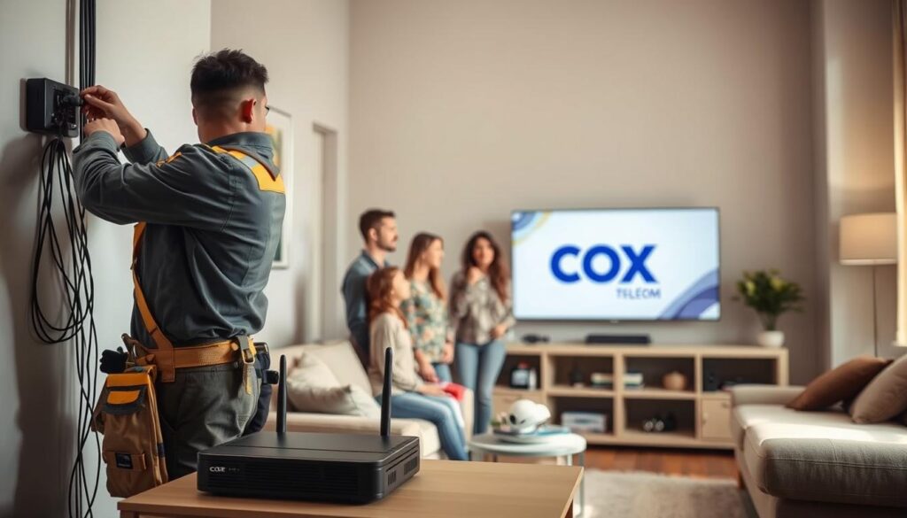 A detailed depiction of the Cox Telecom installation process in a modern residential setting. In the foreground, a technician wearing a uniform and tool belt carefully installs a fiber optic cable on a wall, surrounded by an array of tech equipment like a router and a modem. In the middle, family members are observing the installation attentively, expressing curiosity and satisfaction. The background features a cozy living room with a flat-screen TV displaying the Cox Telecom logo. Soft, natural lighting streams in through a nearby window, creating a warm atmosphere. The image captures a professional and friendly mood, showcasing the seamless integration of internet and TV services into everyday life, with a focus on connection and efficiency.