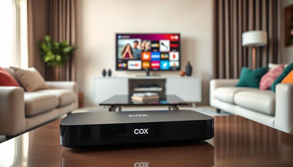 A sleek, modern Cox Contour Stream Player prominently displayed in the foreground on a stylish living room coffee table. The player features a glossy black finish with the Cox logo subtly illuminated. In the middle ground, a contemporary TV stands on an elegant entertainment unit, displaying vibrant streaming app icons to showcase digital offerings. Soft, warm lighting filters in through a window, creating a cozy atmosphere. In the background, plush sofas adorned with colorful cushions contribute to a welcoming environment. The angle captures the scene from slightly above, emphasizing both the device and its integration into the living space. The overall mood is inviting and tech-savvy, reflecting a modern home designed for entertainment.
